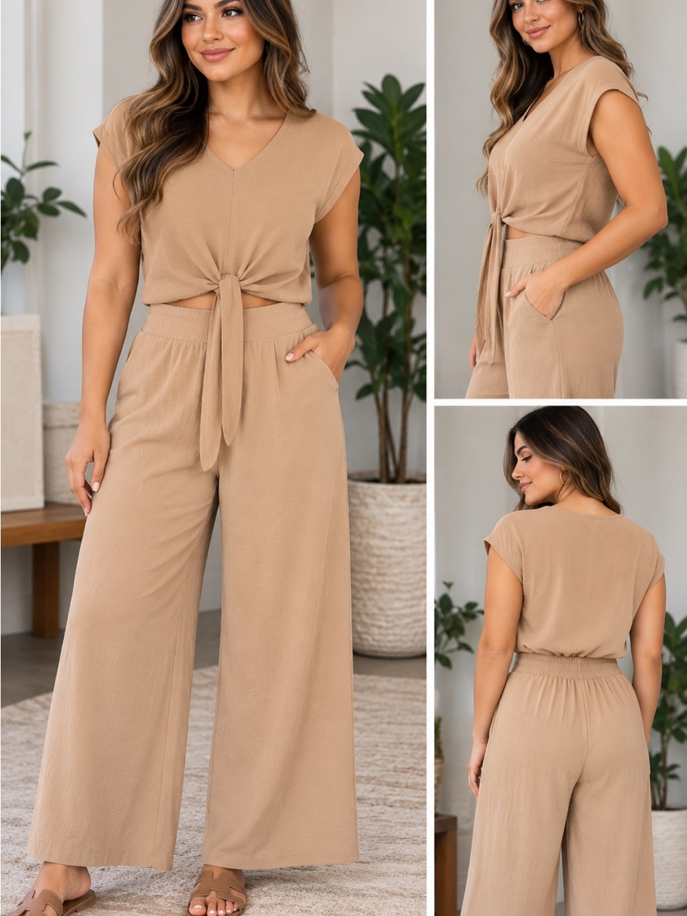 Women's Wide-Leg Tie-Front Jumpsuit - Beige